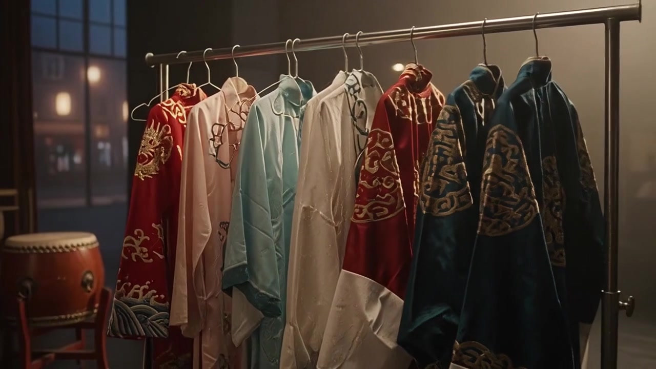 Artista che sceglie costumi dell'opera tradizionale cinese da un appendiabiti