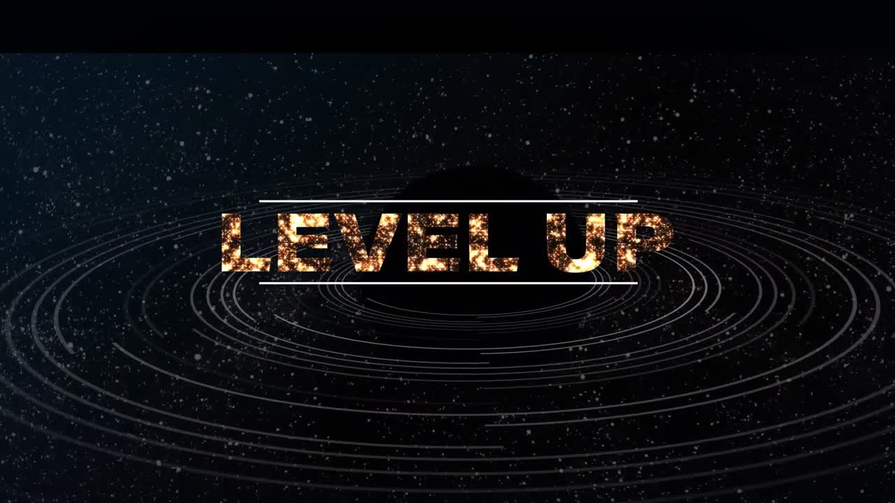 animación de nivel de texto sobre círculos y estrellas.