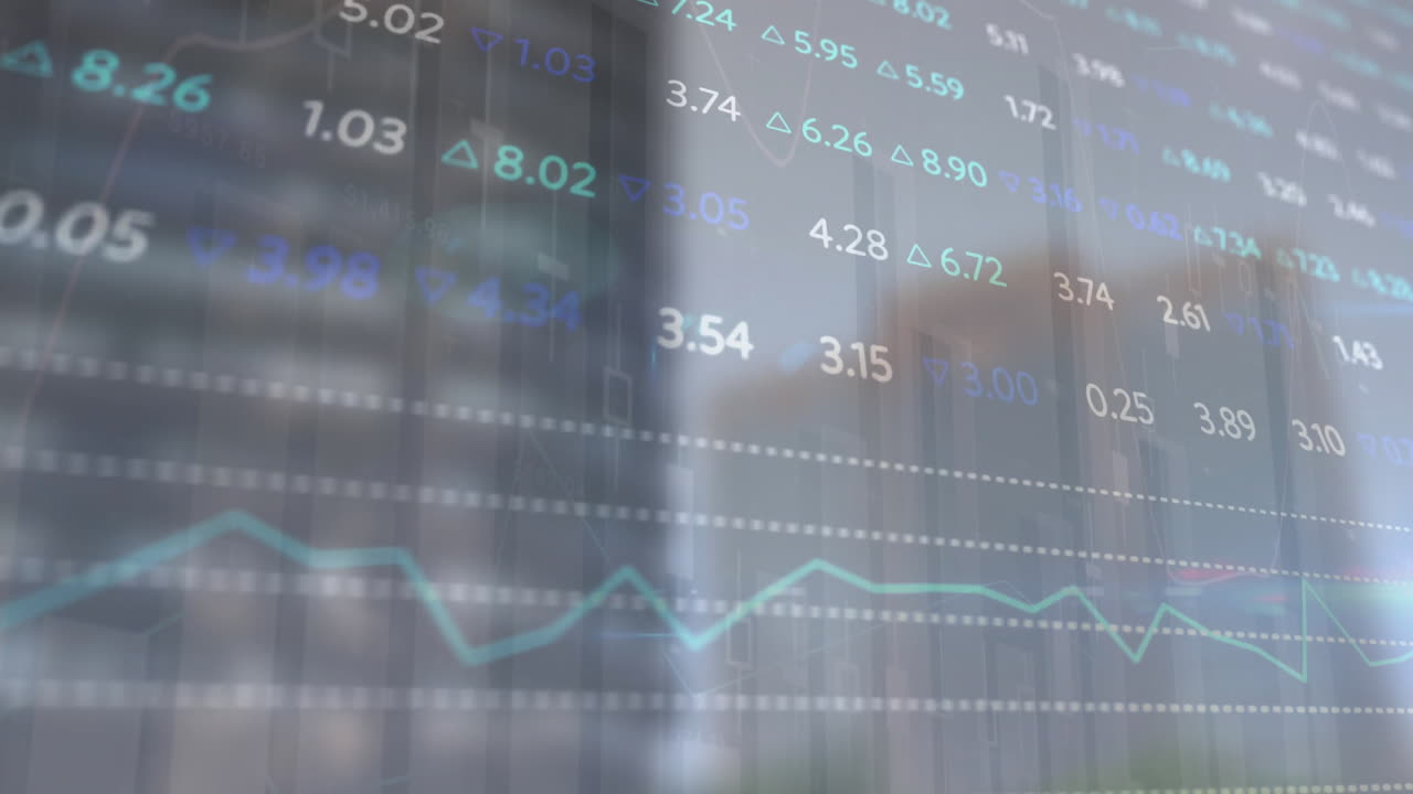 animación del mercado de valores y diagramas sobre el paisaje urbano