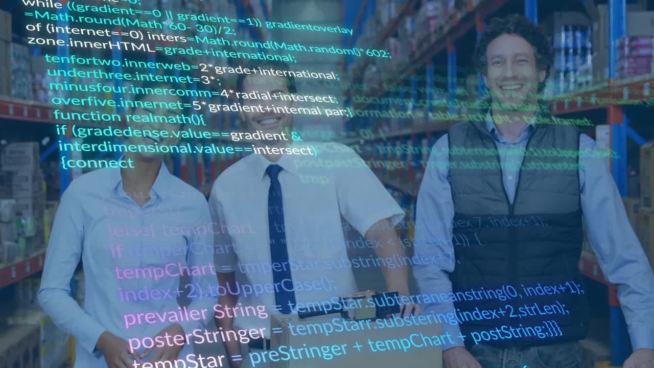 Colleagues holding box in warehouse touching box initiating code overlay demonstrating logistics