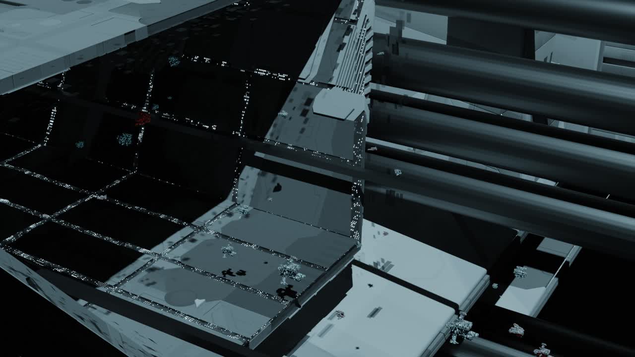 우주선 내부의 클로즈업 과 밖의 미래의 도시를 볼 수 있습니다.