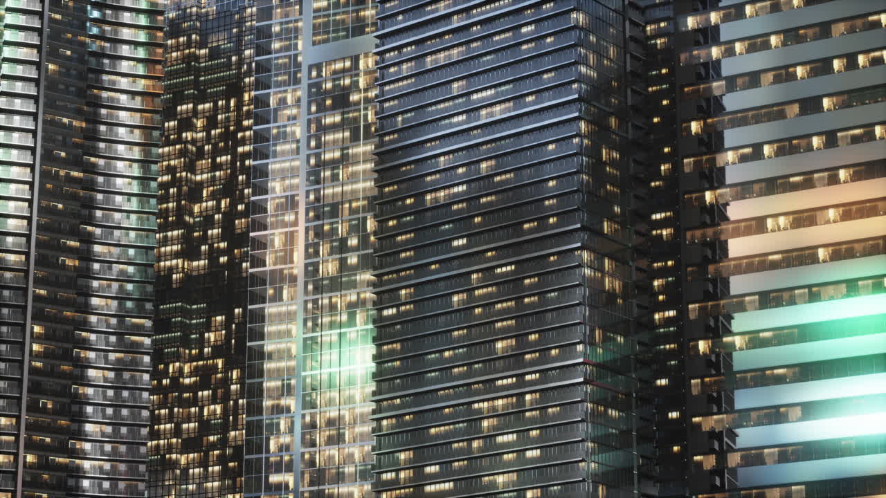 유리 전면 을 가진 마천루 의 야간 건축