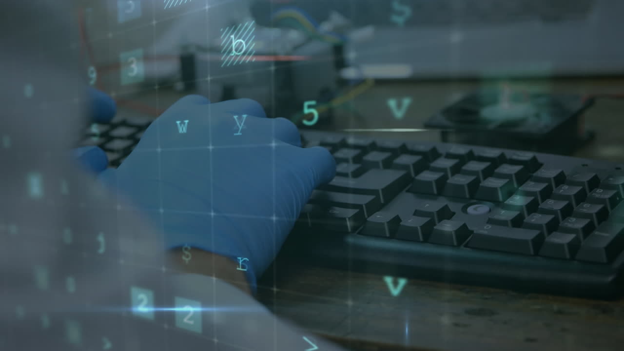 Animation of cyber attack warning over scientist using computer