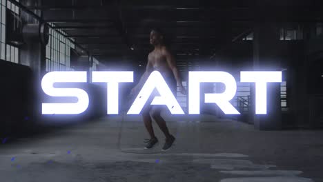 animation of start text over mixed race man jumping the rope