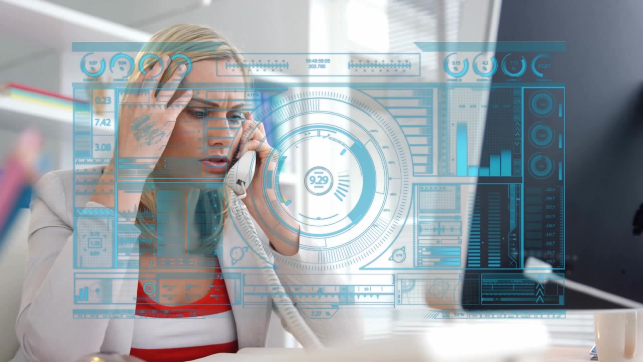 Animation of financial data processing over caucasian businesswoman using phone