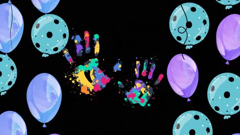 Animation-of-handprints-and-balloons-on-black-background