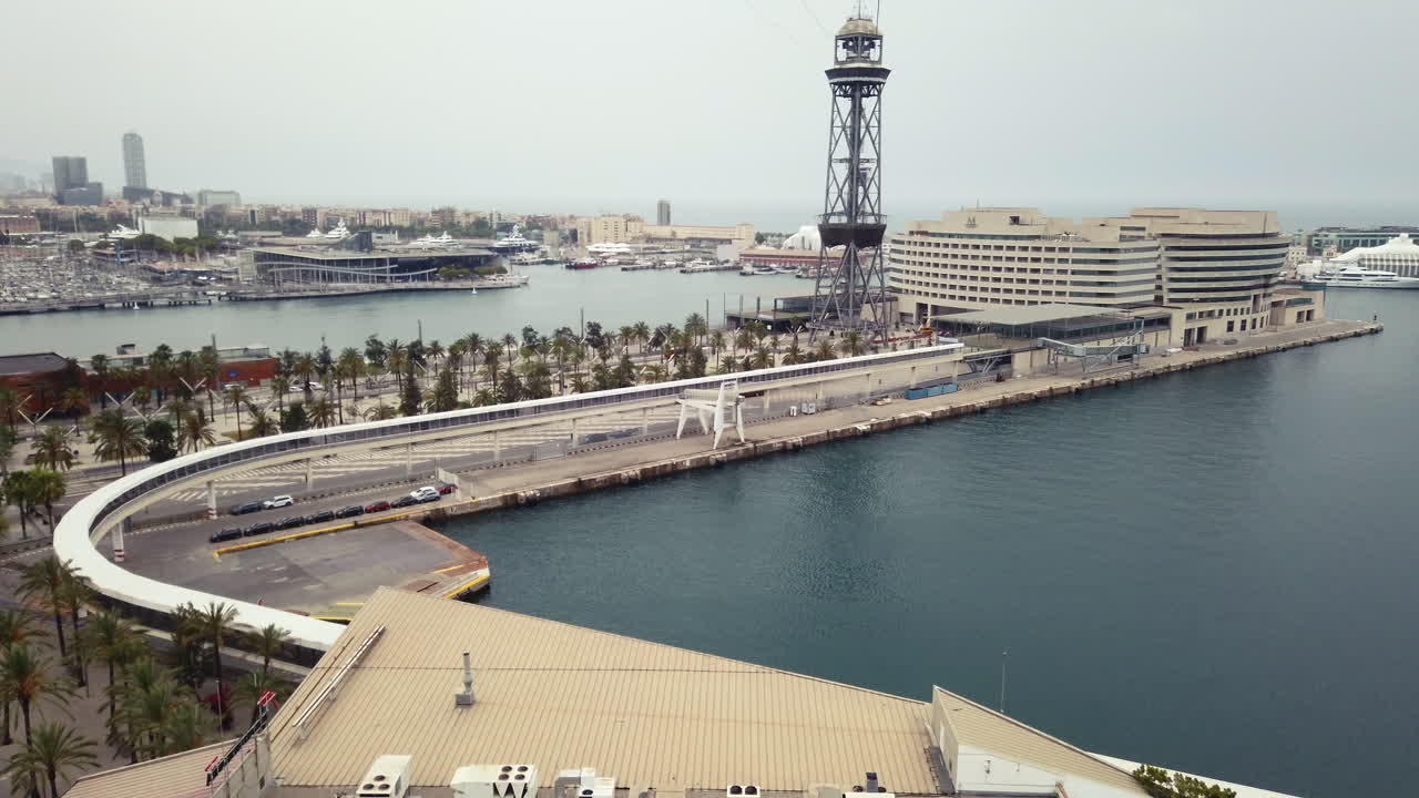 Aerial drone view of the The Port Vell Aerial Tramway in Barcelona, Catalonia, Spain