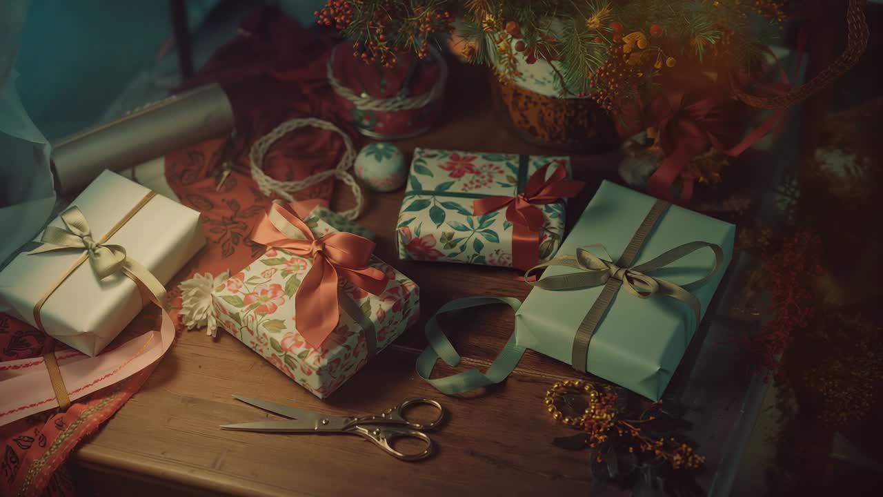 Shot starting overhead and panning across home craft desk, highlighting gift boxes, scissors, twine