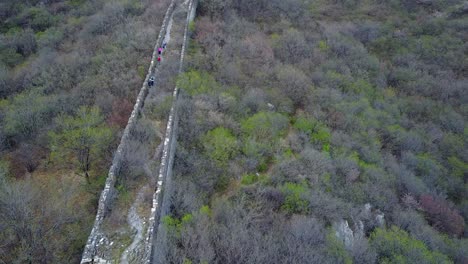 vista de ángulo alto: los turistas caminan por la sección cubierta de maleza, la gran muralla china