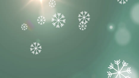 Animation-of-falling-snow-and-glowing-spots-on-grey-background