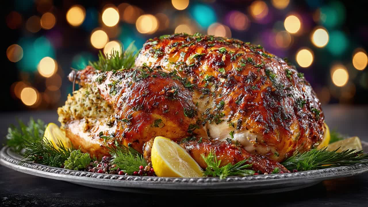 Un tacchino arrosto squisitamente, guarnito con erbe aromatiche e limone, presentato su un piatto d'argento, che mette in risalto colori intensi e un'atmosfera festosa con luci sfocate sullo sfondo
