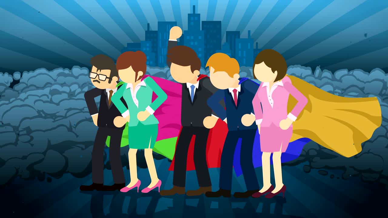 superhéroes de pie en el fondo de la ciudad. cerca de una nube de polvo. símbolo del equipo de negocios. trabajo en equipo y concepto de logro. animación de bucle cómico.