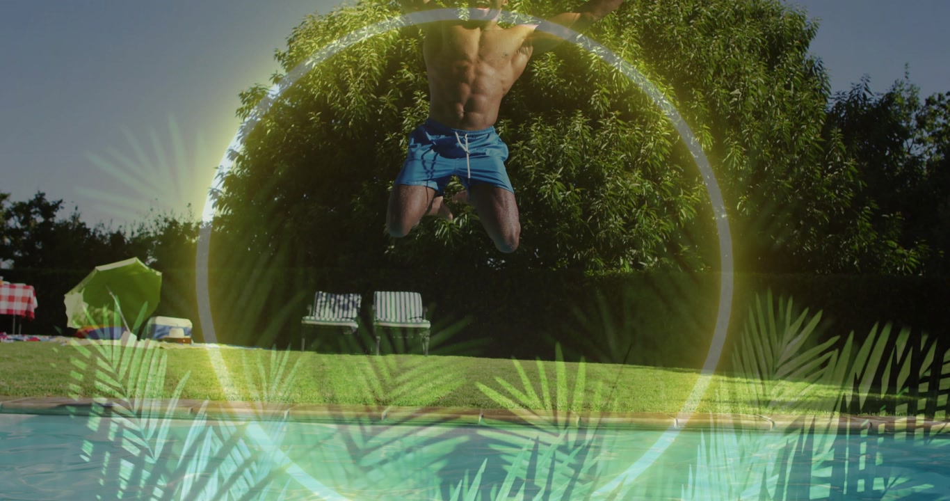 Man running poolside, jumping through animated ring with palm overlay, creating splash for leisure