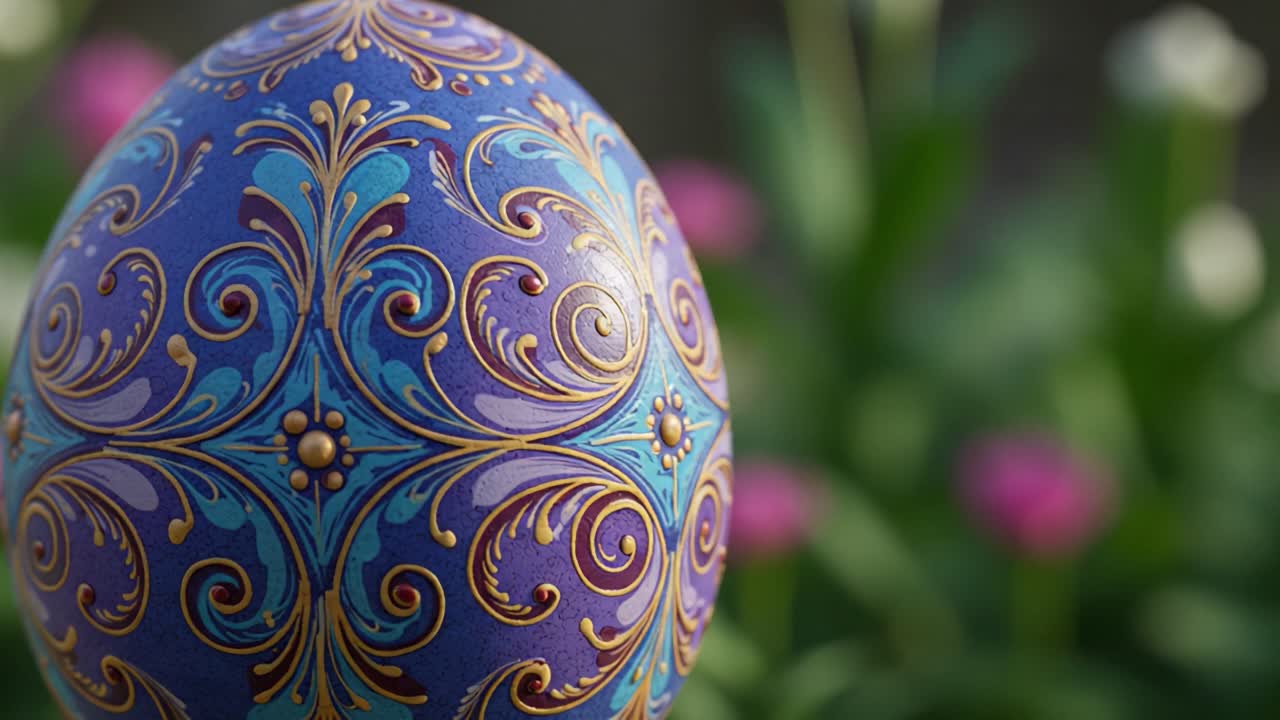 Uovo viola splendidamente decorato con intricati motivi floreali su uno sfondo sfocato di fiori in boccio