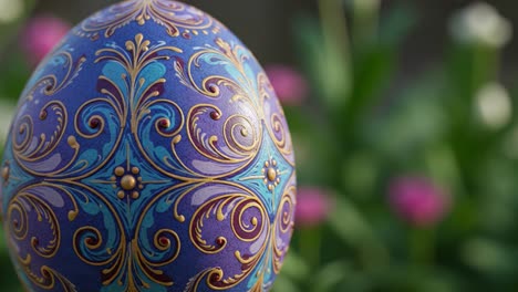 Beautifully Decorated Purple Egg with Intricate Floral Patterns Against a Soft-focus Background of Blooming Flowers