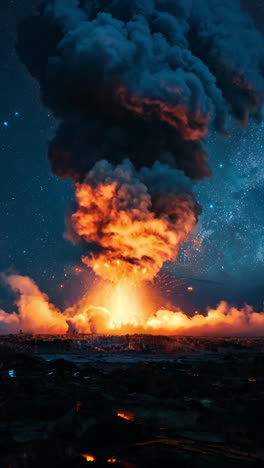 a large fire is burning in the middle of a field. the sky is dark and cloudy, with a few stars visible. the fire is surrounded by smoke and ash, creating a sense of danger and destruction