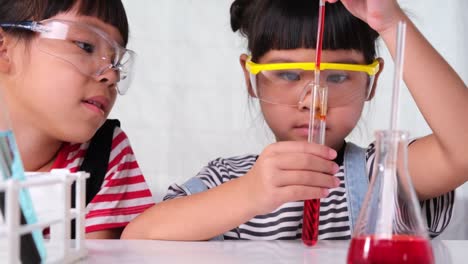 children are learning and doing science experiments in the classroom. two little sisters playing science experiment for home schooling. easy and fun science experiments for kids at home.