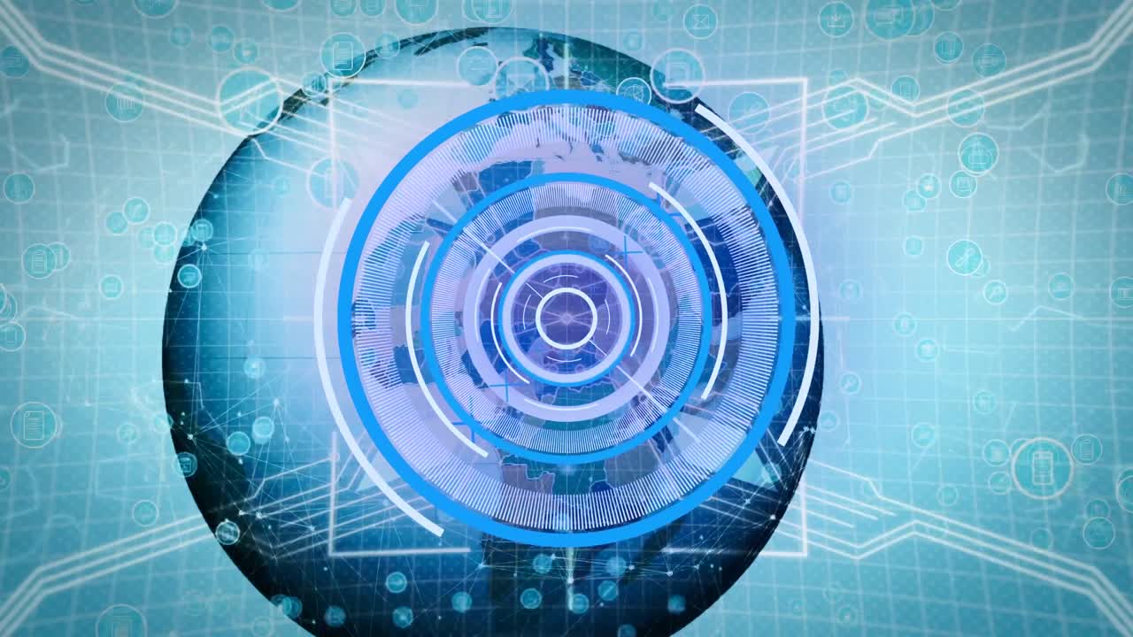 animación del escaneo del alcance sobre el globo y los iconos de los medios