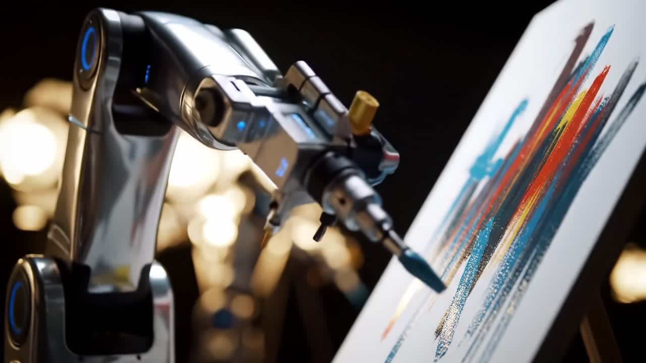 A Robotic Arm Skillfully Creating Art on Canvas, Showcasing Precision Painting Techniques with Vibrant Colors Against a Dramatic Background