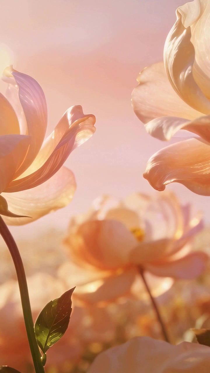Video verticale: Due fiori rosa pesca che ondeggiano nella brezza leggera, muovendosi in un prato, con effetto bokeh.