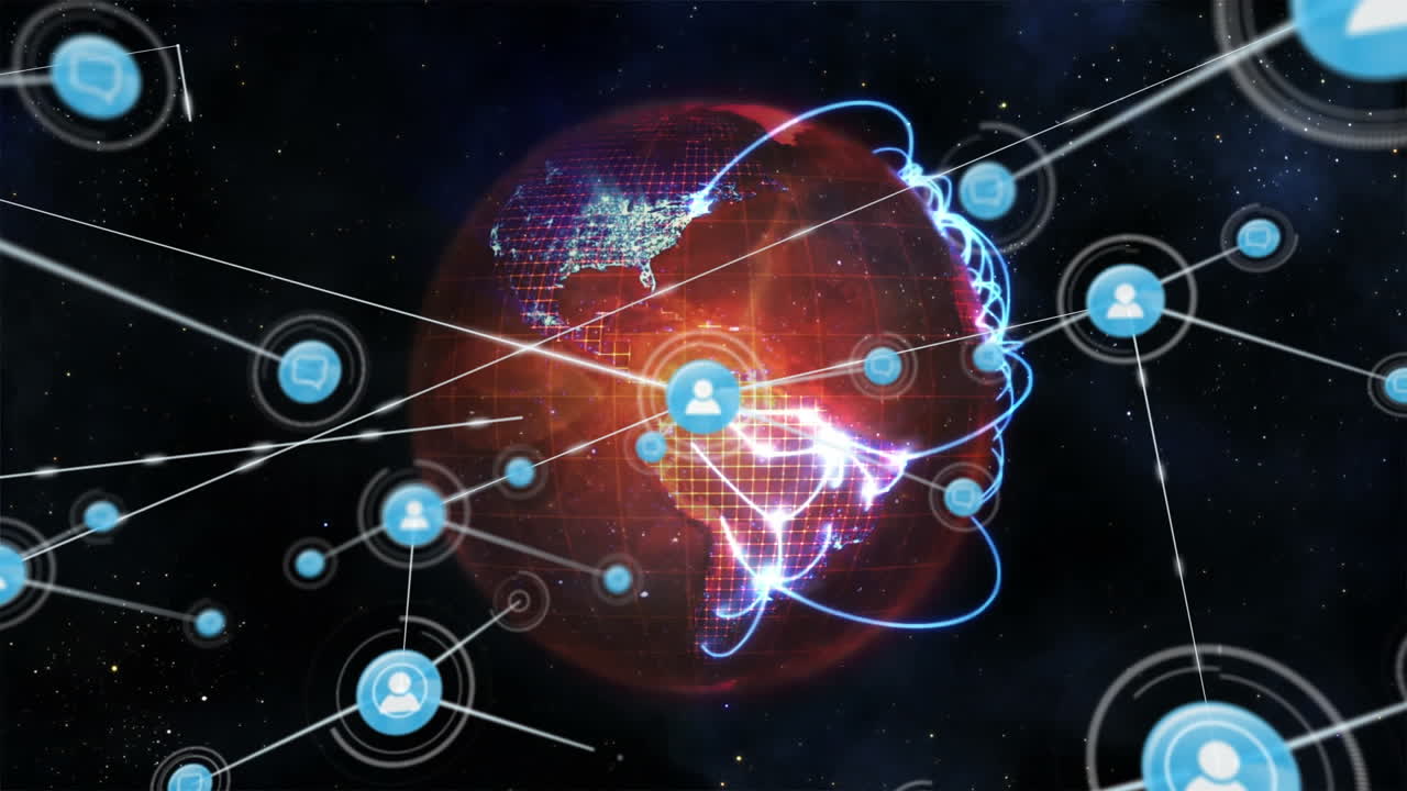 animación de iconos conectados con líneas sobre líneas en el globo contra el espacio en el fondo