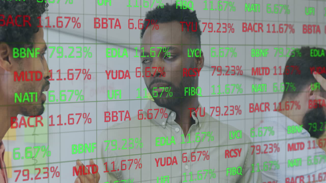 Animation of financial data processing over diverse business people having meeting at office