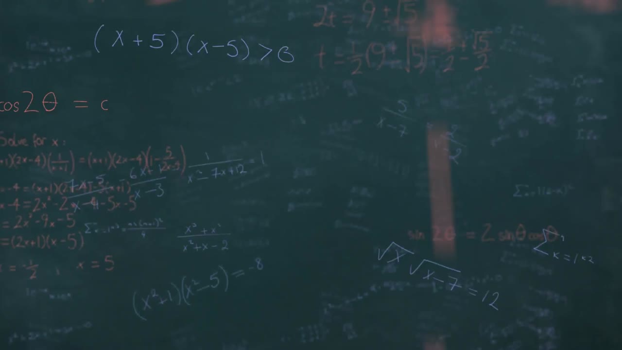 Mathematical equations moving against black board