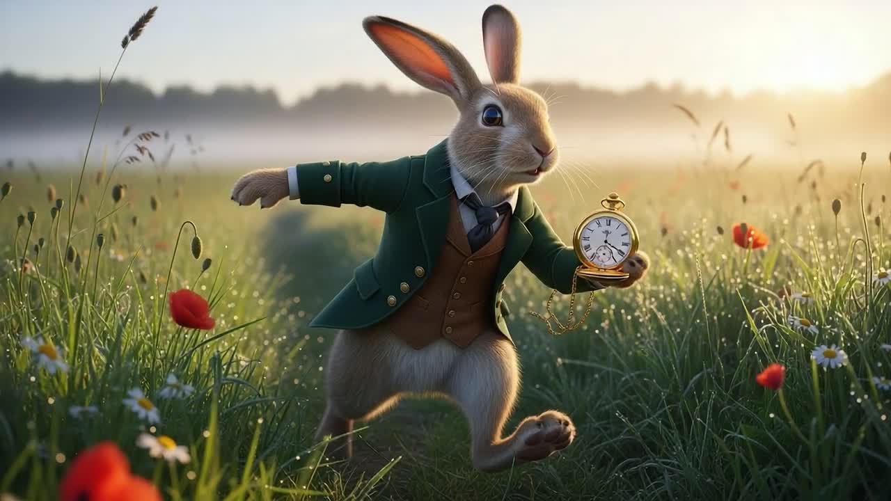 A whimsical rabbit in a dapper suit rushes through a misty meadow, clutching a pocket watch and navigating a vibrant field teeming with colorful flowers