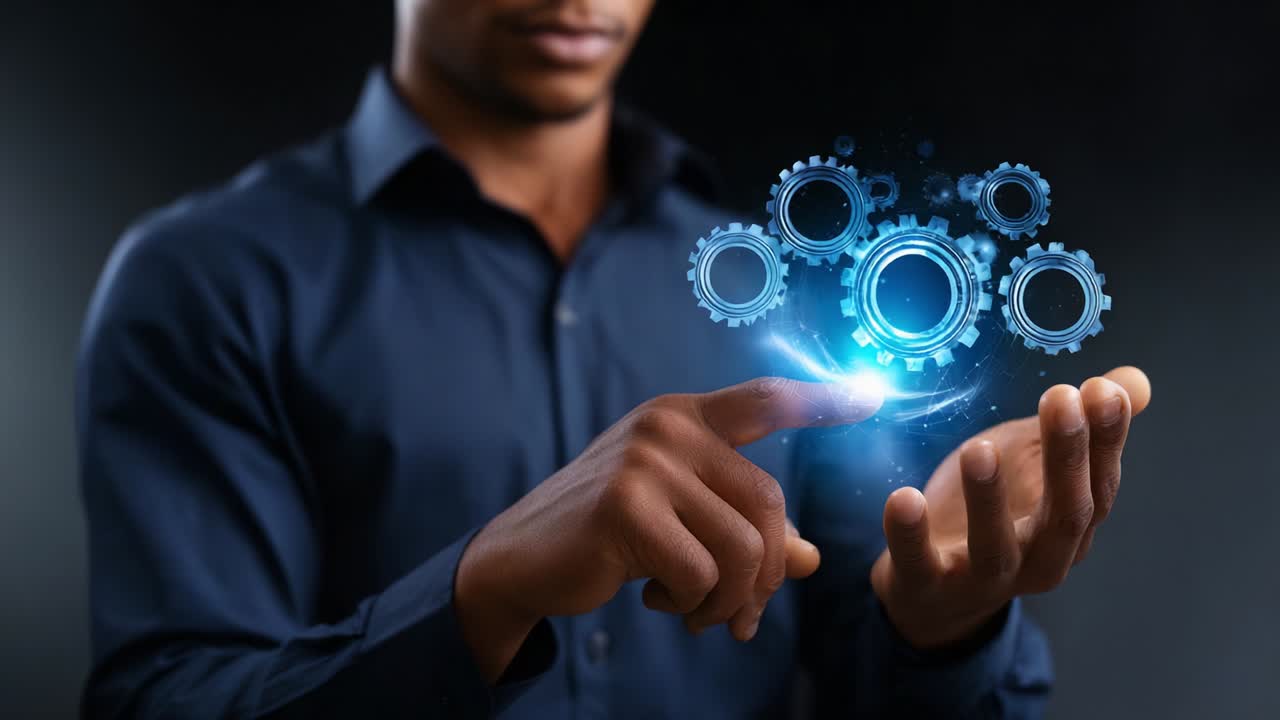 A person interacts with glowing digital gears, representing technological innovation and advancement in automation and engineering solutions, showcasing a blend of creativity and cutting-edge digital interfaces