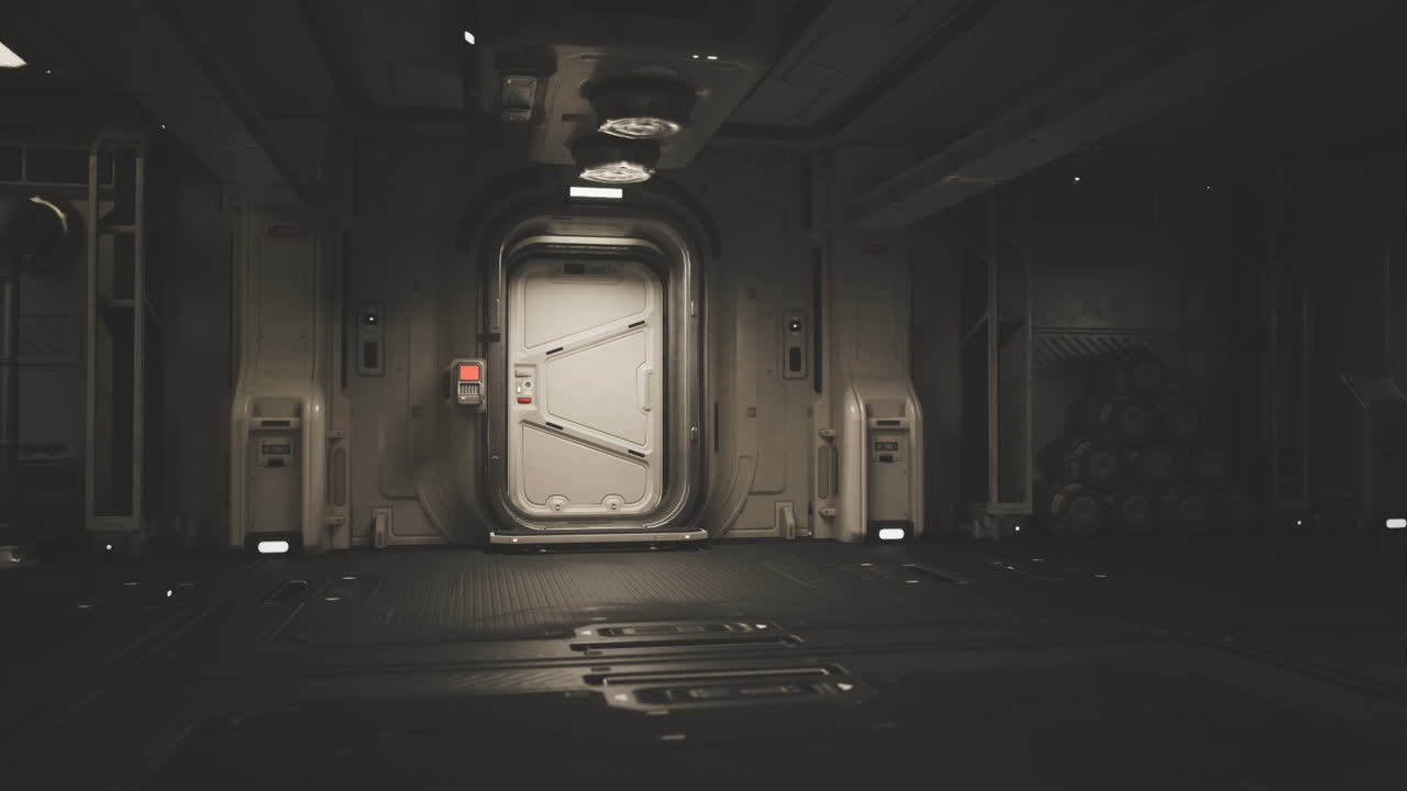문이 있는 어두운 우주선 복도