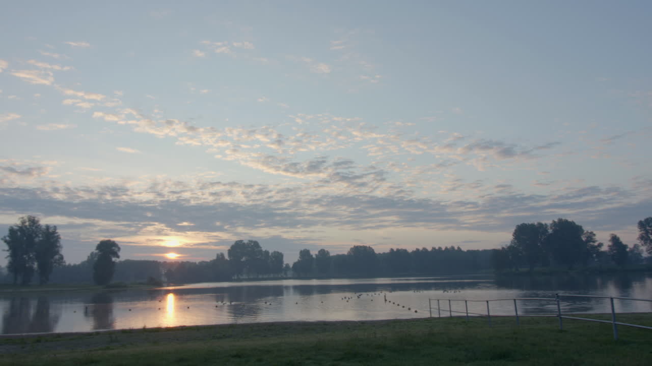 아침 일찍 해가 뜨는 호수 위를 날아가는 새
