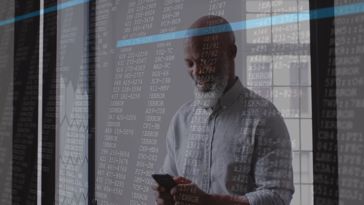 Man pulling phone from pocket scrolling as code overlaying glass partition confirming tech status