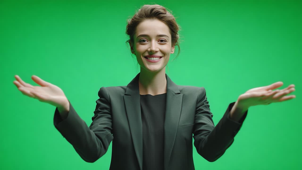 A confident woman in a stylish green blazer smiles and gestures with open hands against a vibrant green backdrop, radiating positivity and engagement