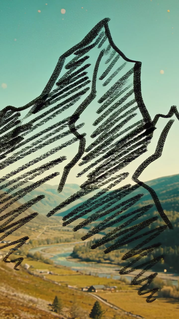 Vertical video: Playhead moving, sketch mountain overlaying rural valley, filling hatch for design