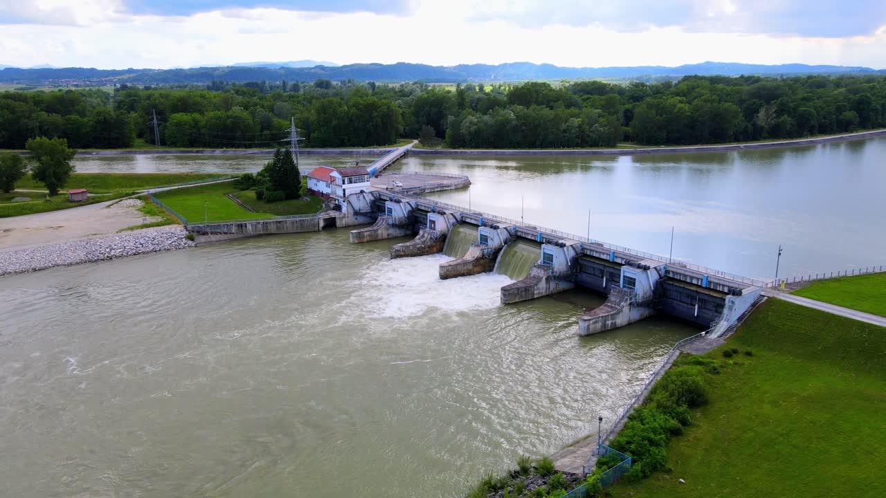 Stunning aerial 4K drone footage of Ormož - Varaždin hydroelectric water dam next to the lake