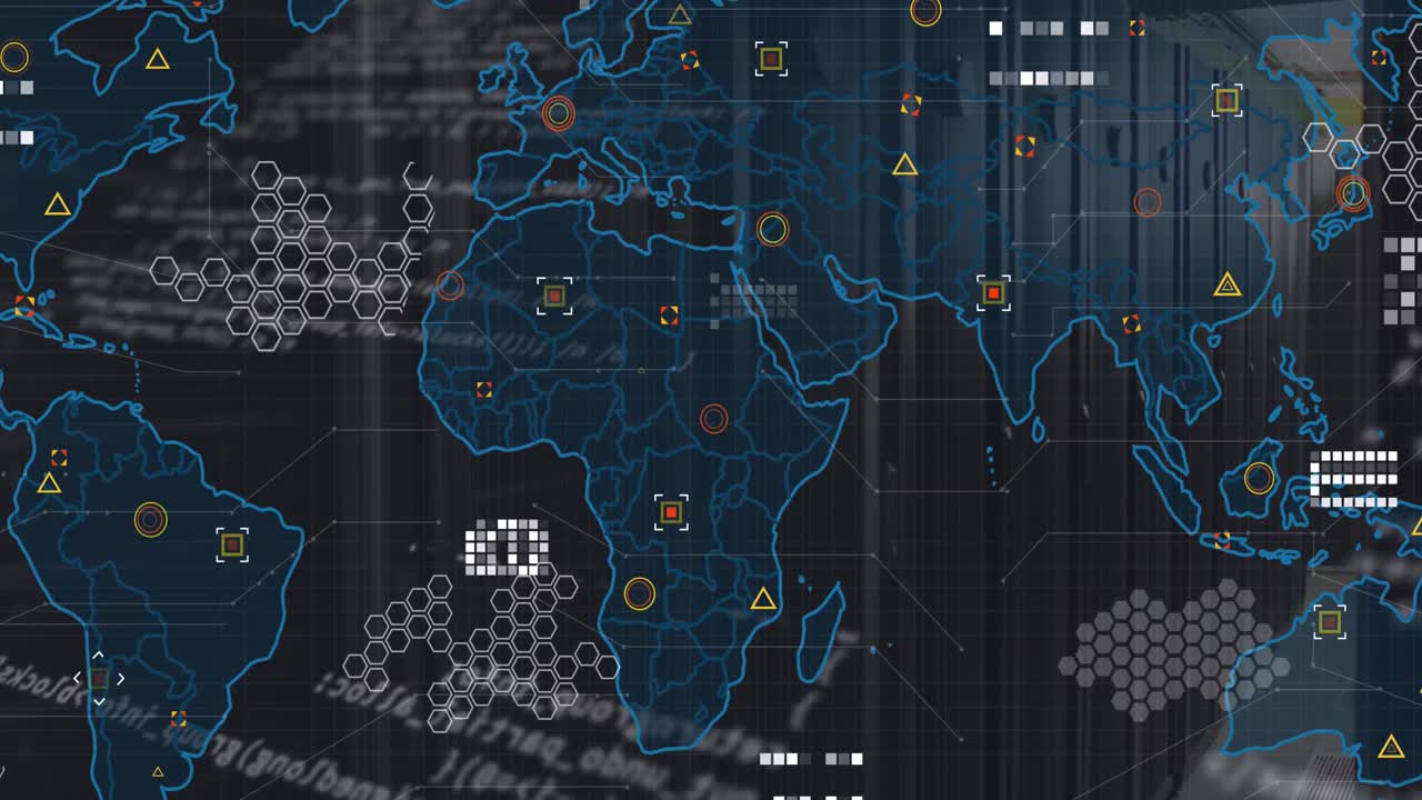 Animation of world map and data processing against computer server room
