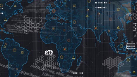 animación del mapa del mundo y procesamiento de datos contra la sala de servidores de computadoras.