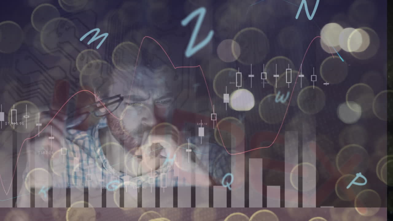 Animation of data processing over caucasian man using laptop