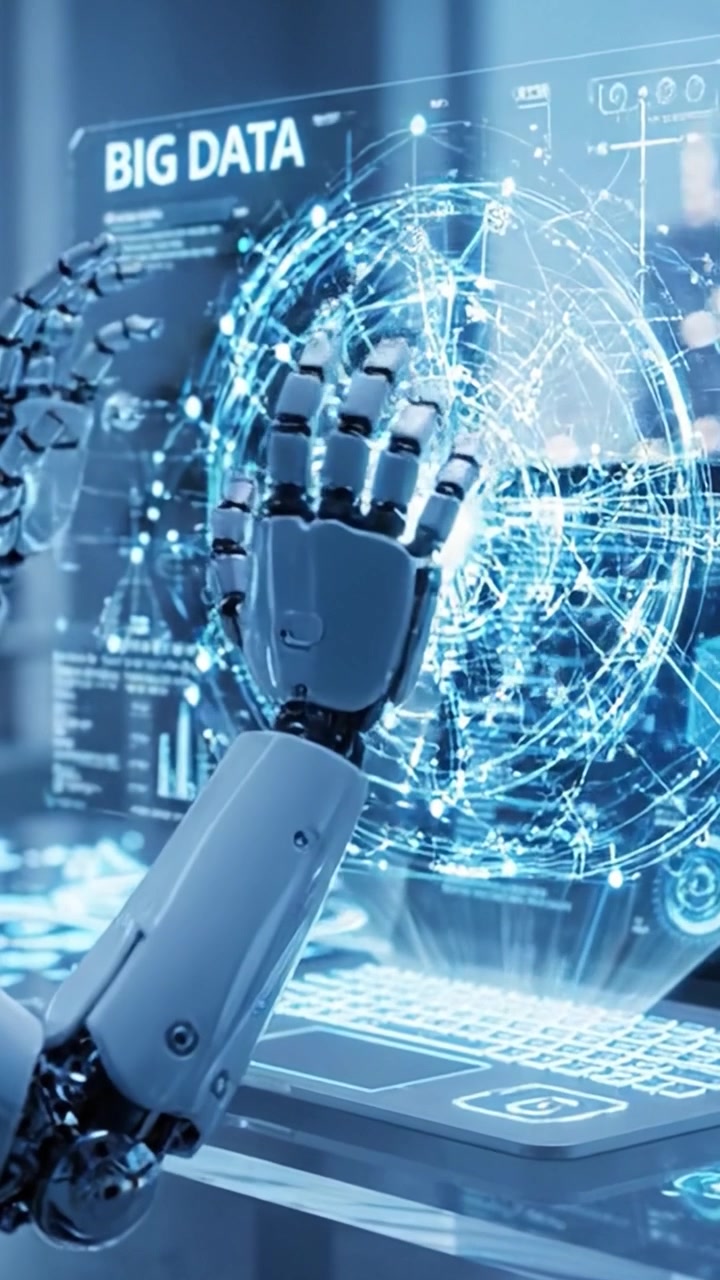 A Robotic Hand Interacting with Futuristic Technology Display in a Modern Workspace, Analyzing Big Data Through Advanced Algorithms and Interactive Interfaces
