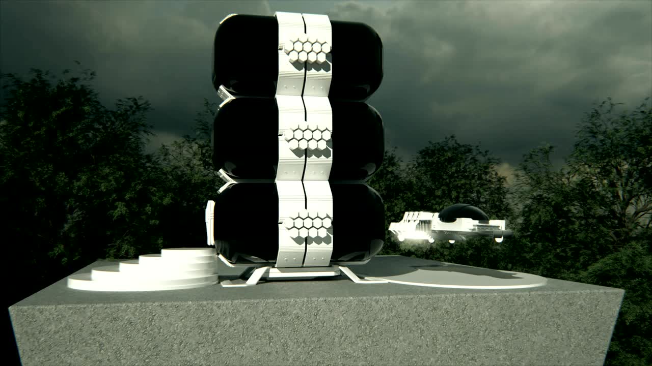 날아다니는 자동차와 함께 미래의 집.