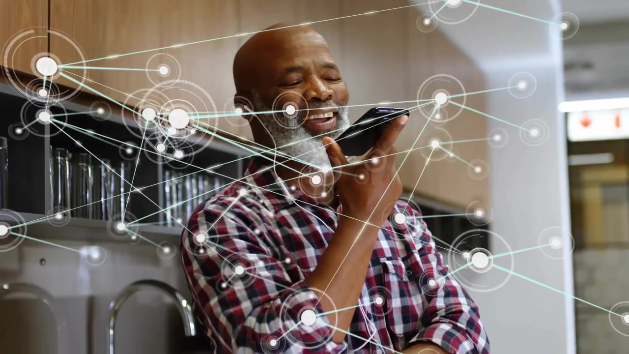 Animation of network of connections over african american man talking on smartphone