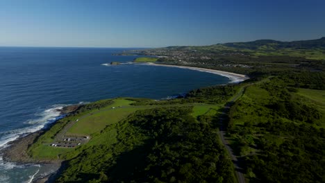 mystics farm parking lot surfing break killalea minnamurra beach illawarra state park aerial drone shellharbour wollongong australia nsw south coast shell cove stack rangoon island sun bluesky forward