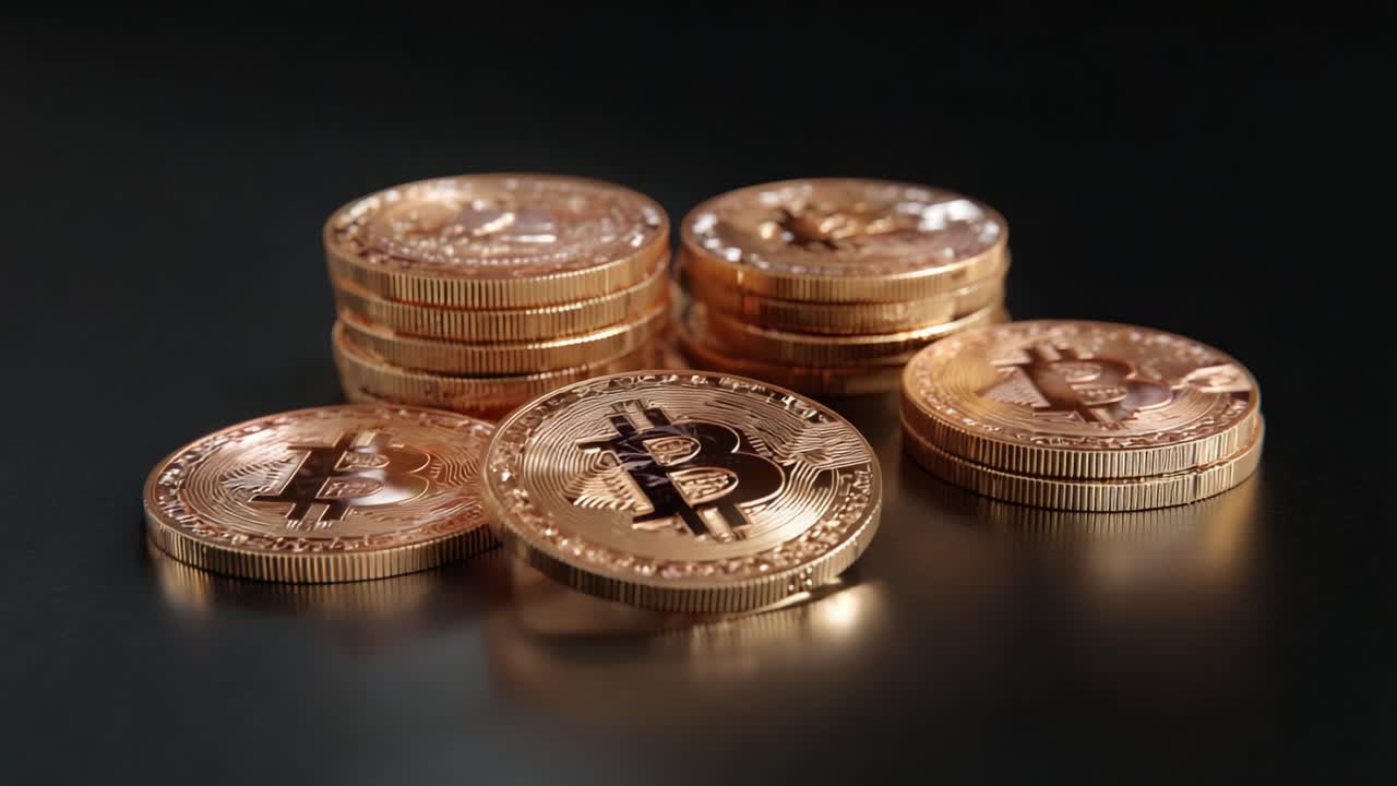 A Glimmering Stash of Cryptocurrency: An Intriguing Close-Up View of Shiny Bitcoin Coins Piled Creatively Against a Dark Background