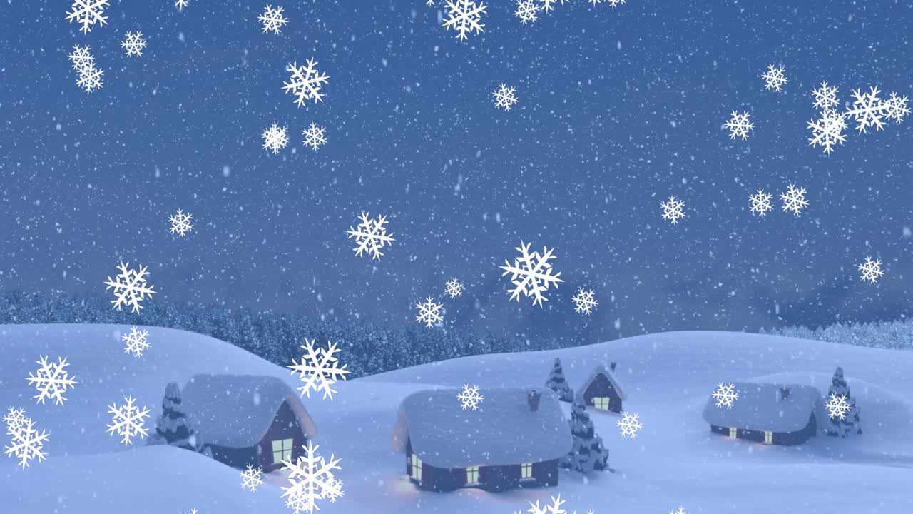 복사 공간과 함께 겨울 풍경 위에 떨어지는 스노우플레이크 아이콘의 애니메이션