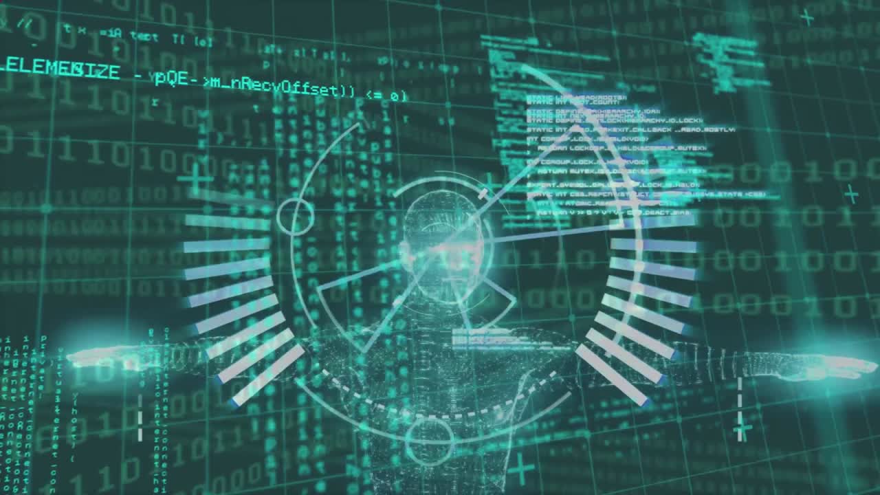 animación de formas rojas sobre escaneo de alcance, modelo humano y procesamiento de datos sobre fondo negro