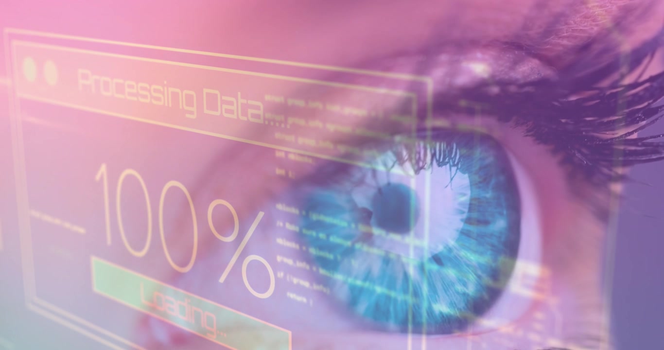 Animation of digital screen with data processing over eye of caucasian woman