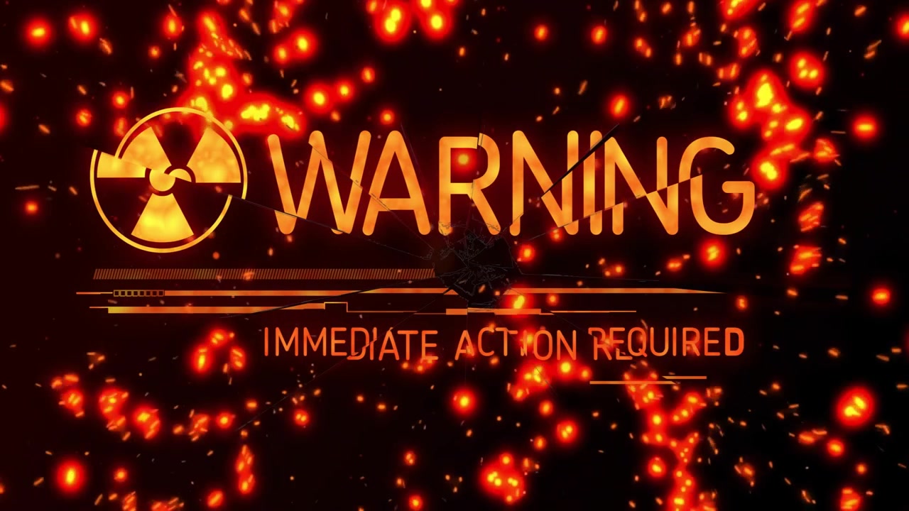 Animated nuclear alert rising on dark HUD, particles building initiating WPX shifting to WARNING