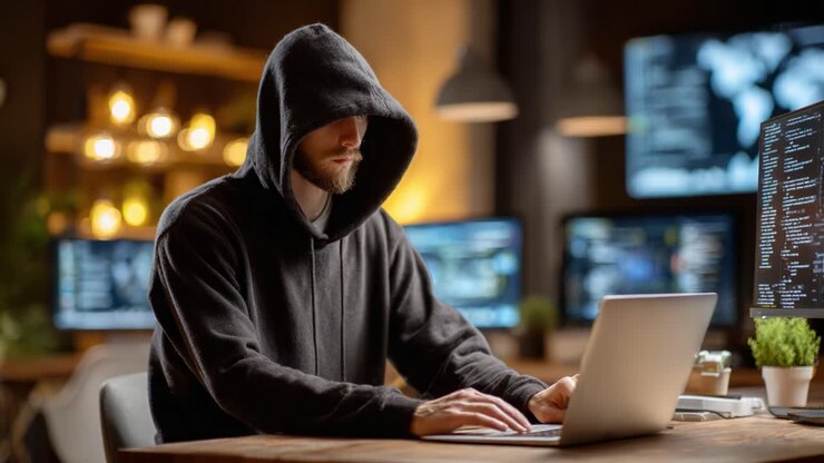 En mystisk person fordybet i dyb koncentration, mens de arbejder på en bærbar computer omgivet af flere skærme, der viser kompleks data- og programkode