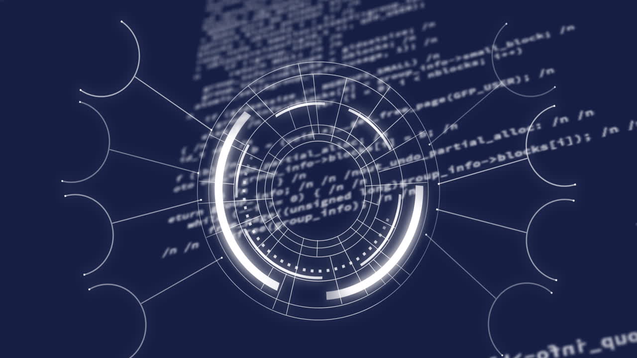 파란색 배경에 대한 회전 스캐너와 데이터 처리의 애니메이션