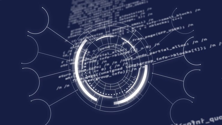 Animation of spinning round scanner and data processing against blue background
